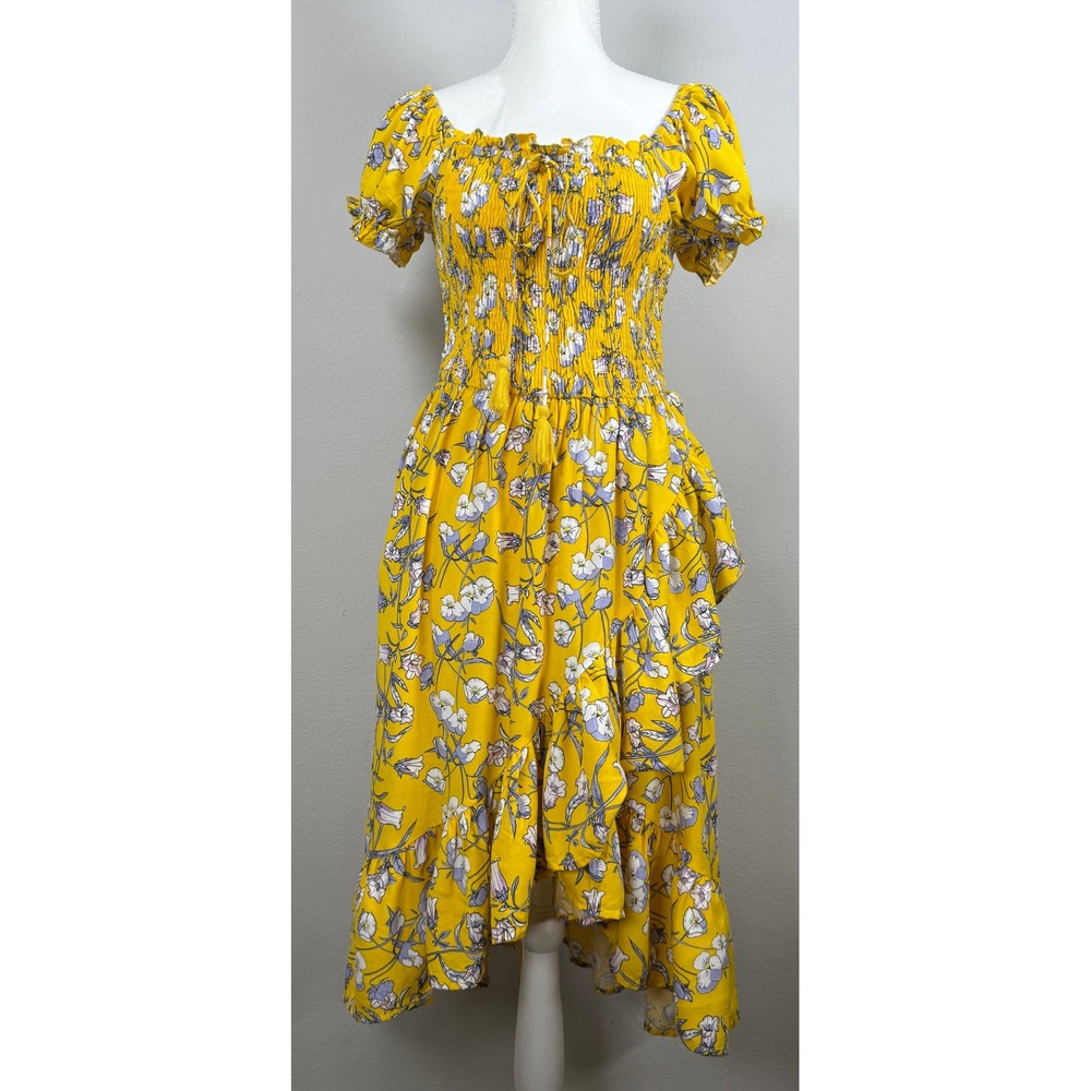Milkmaid Dress Womens S High-Low Floral Smocked Midi Yellow‎ Peasant Cottagecore
